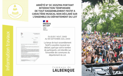 Arrêté N° DC 2025/196 : interdiction temporaire de tout rassemblement festif à caractère musical non déclaré sur l’ensemble du territoire du Lot