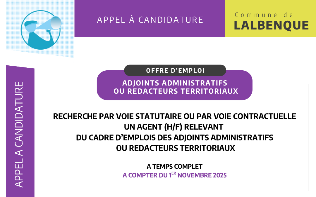 Appel à candidature : un agent relevant du cadre d’emplois des adjoints administratifs ou rédacteurs territoriaux