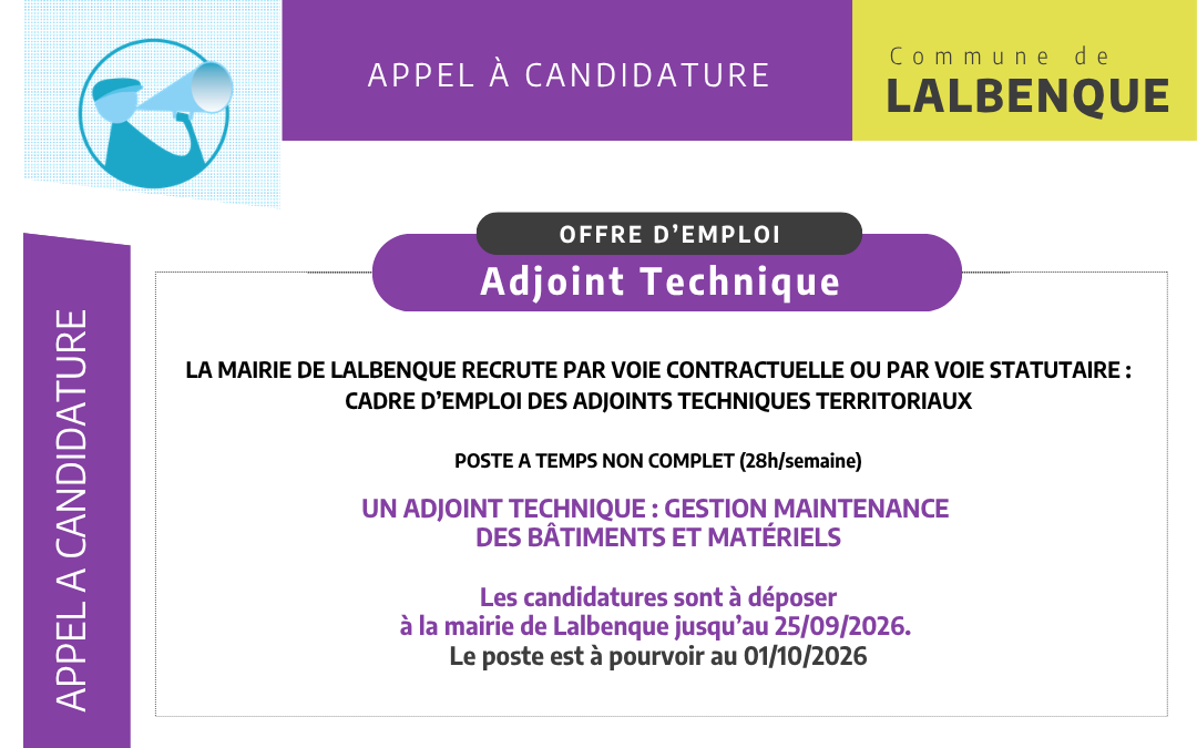Appel à candidature : cadre d’emploi des adjoints techniques territoriaux