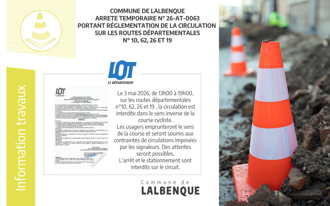 Arrêté temporaire de la circulation le 3 mai 2026 sur les routes départementales n°10, 62, 26 et 19